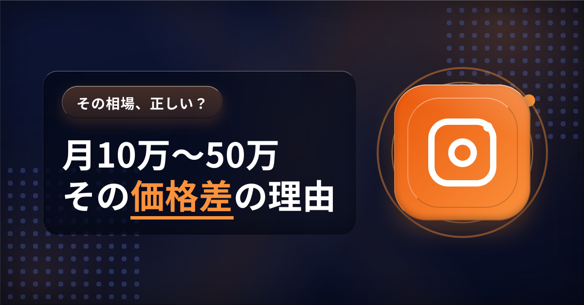 Instagram運用代行の相場を月額料金レンジで解説するアイキャッチ画像。10～50万円の価格帯と料金体系の違いを示す